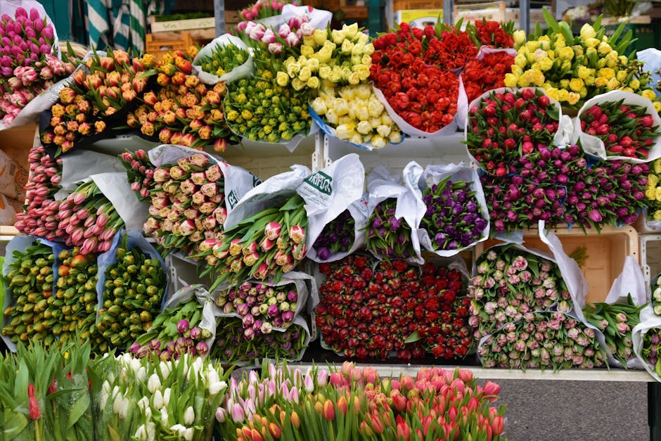 A vibrant display of floral arrangements featuring various bouquets of fresh flowers, including pink and white tulips, roses, and other blooms, wrapped in white paper and arranged on shelves at a flow