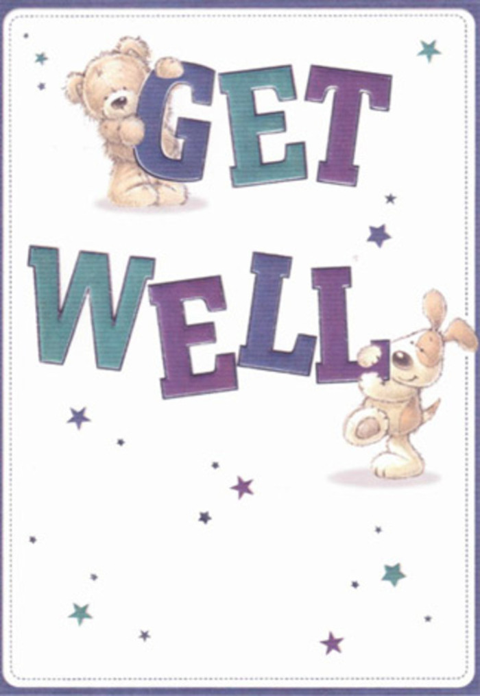 A celebration of gentle encouragement comes alive in this artistically crafted get well card, a symbolic gesture often felt throughout the White City community. Two cheerful companions-a huggable bear and a hopeful puppy-exchange comfort amidst a constellation of playful stars, as if sending well wishes through the air over Shepherd's Bush Green. Broad, confident typography in shades of purple and aquamarine anchors the design, providing both visual delight and reassuring stability. The textures evoke a sense of touch: the bear's coat is softly rendered, the puppy's ears seem velvet smooth, each detail breathing life into the scene as palpably as a fresh arrangement placed upon a doorstep. Each illustrated star and swirl feels thoughtfully composed, suggesting the same attentive care seen in the local florists of White City. Sending this card, perhaps alongside a vibrant bouquet, creates a combined gesture radiating optimism and warmth-perfect for uplifting friends or neighbours of every age across the area.