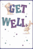 The buoyant spirit of White City shines through in this whimsical get well card, whose joyful illustration is sure to lift the hearts of anyone in need. Two lovable figures-a teddy bear and a playful puppy-work together to cradle the bold, colourful 'Get Well' letters, each letter practically bouncing from the warm cream background in hues of indigo and teal. Across the card, scattered stars in varied shades of blue and purple add playful touches, evoking hope and a sprinkle of magic, akin to the vibrancy of White City's markets on a sunny day. The illustrated textures are gentle and inviting: the bear's soft fluff and the puppy's velvety ears suggest a tactile comfort, as reassuring as a favourite blanket. The card's lively mood, paired with the gentle artistry, creates a nurturing message-spreading warmth, cheer, and genuine good wishes fit for recovery, much like a hand-delivered bouquet from a caring White City florist.